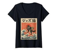 Femme Flûte Amusante en Forme de Chat pour Musicien de Jazz T-Shirt avec Col en V