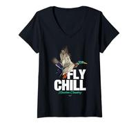 Femme Fly Chill, Cool Colorful Mallard Duck Illustrayion Graphic T-Shirt avec Col en V