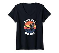 Femme Fly Fishing Dry Fly Or Die Retro Sunset Angler Design T-Shirt avec Col en V