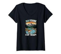 Femme Fly Fishing is My Therapy Trout Fisherman Angler Nature T-Shirt avec Col en V