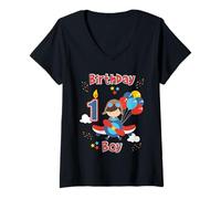 Femme Flyer d'avion pour fête d'anniversaire pour garçons d'un an T-Shirt avec Col en V