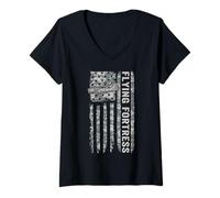 Femme Flying Fortress Drapeau américain WW2 Camo B17 T-Shirt avec Col en V
