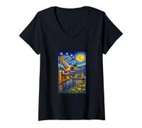 Femme Flying Immigrant Mallard Duck in The Starry Night Painting T-Shirt avec Col en V