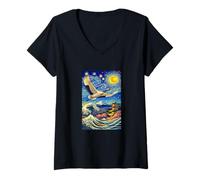 Femme Flying Japanese Red Crowned Crane in The Starry Night Paint T-Shirt avec Col en V
