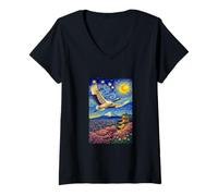 Femme Flying Japanese Red Crowned Crane in The Starry Night Paint T-Shirt avec Col en V