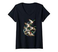 Femme Flying Mallard Ducks Waterfowl Migration Wildlife Bird Art T-Shirt avec Col en V