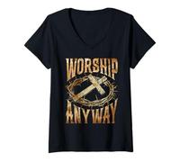 Femme Foi chrétienne Adoration Quoi qu'il en Soit Louange Jésus T-Shirt avec Col en V