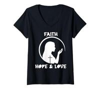 Femme Foi, Espoir, Amour, Silhouette, pour, Pâques, église T-Shirt avec Col en V