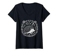 Femme Folk Art Hérisson Mystique Boho Nature Animal Design T-Shirt avec Col en V