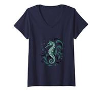 Femme Folk Art Hippocampe fantaisiste Océan Nature Faune T-Shirt avec Col en V