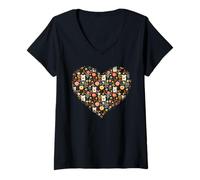Femme Folk Cat Art Floral Midnight Boho Noir Motif T-Shirt avec Col en V