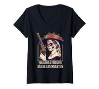 Femme Folklore Armes à feu La Catrina Lady - Vintage Dia de Muertos T-Shirt avec Col en V