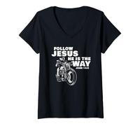 Femme Follow Jesus He is The Way Christian Motorcycle Gospel Biker T-Shirt avec Col en V