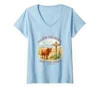 Femme Follow The Word Not The Herd Isaiah 8:11-13 Western Cow T-Shirt avec Col en V