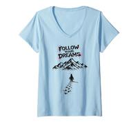 Femme Follow Your Dreams Pingouin Montagne État d'esprit Motivant T-Shirt avec Col en V