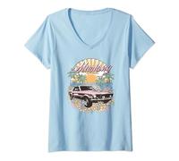 Femme Ford - Vintage Pink Mustang Floral Beach Sunset Palm Trees T-Shirt avec Col en V