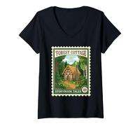Femme Forest Cotage Timbre-Poste Vintage Contes d'histoires T-Shirt avec Col en V