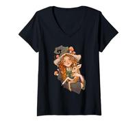 Femme Forest Witch Cottagecore Cerf Familiar Champignon Magic Vibes T-Shirt avec Col en V