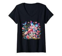Femme Forêt enchantée, féerie fantastique, fleurs mystiques et papillons T-Shirt avec Col en V