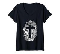 Femme Formé dans Son Image de Jésus Croix Pouce Art T-Shirt avec Col en V