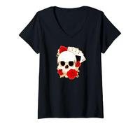 Femme Four ACES Skull Roses Carte de Jeu Poker T-Shirt avec Col en V