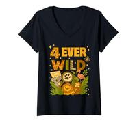 Femme Four Ever Wild 4ème Anniversaire Animaux de la Jungle pour garçons et Filles T-Shirt avec Col en V