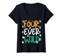 Femme Four Ever Wild, C'est Mon 4e Anniversaire, Animal de fête au Zoo T-Shirt avec Col en V
