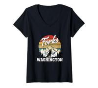 Femme Fourchettes Washington Forest Wolf and Mountains Vintage Retro T-Shirt avec Col en V