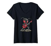Femme Fourmi cool avec guitare électrique en costume rouge T-Shirt avec Col en V