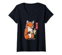Femme Fox Gamer Ukiyo-e Japanese w Boba Tea T-Shirt avec Col en V