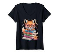 Femme Fox Read Books Be Kind Stay Weird Cute Animal Book Lover T-Shirt avec Col en V