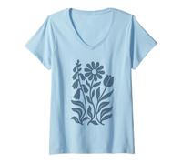 Femme Foxglove Daisy Tulipe Boho Floral Subtil Vieilli Vintage T-Shirt avec Col en V