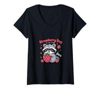 Femme Fraise Tag Raton Laveur Édition Kawaii Design T-Shirt avec Col en V