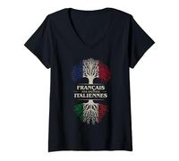 Femme Français Des Racines Italiennes Arbre Vie Italie Drapeau T-Shirt avec Col en V