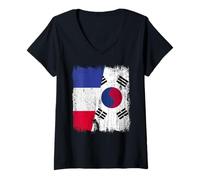 Femme France Corée du Sud Demi Drapeau Français Corée du Sud T-Shirt avec Col en V