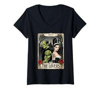 Femme Frankenstein Couple Tarot Gothique Lovers Halloween Party T-Shirt avec Col en V