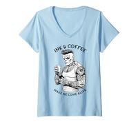Femme Frankenstein Tatouage Encre Et Café Drôle Monstre Tatoué T-Shirt avec Col en V