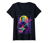 Femme Frankenstein Vaporwave Guitare Halloween Monster années 80 T-Shirt avec Col en V