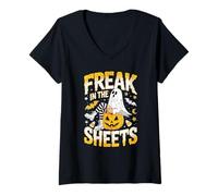 Femme Freak in The Sheets Halloween Fantôme Punk Rock Citrouille T-Shirt avec Col en V
