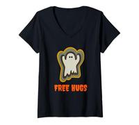 Femme Free Hugs Ghost and Spirit Spooky Fall Design T-Shirt avec Col en V