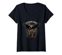 Femme Freedom Rides Eagle Moto Art Vintage T-Shirt avec Col en V