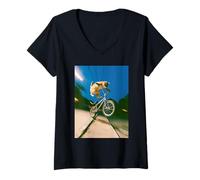 Femme Freestyle Bicycle Riding Cat Street Trick T-Shirt avec Col en V