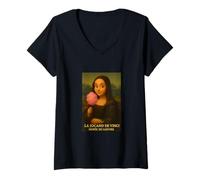 Femme French Mona Lisa Concept Cartoon Art Eating Candy Cotton T-Shirt avec Col en V