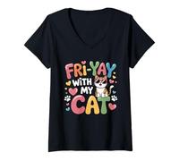 Femme Fri-Yay Joyeux Vendredi avec Mon élève Cat Teacher Fri Yay T-Shirt avec Col en V
