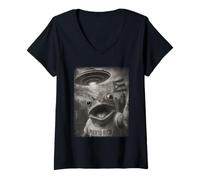 Femme Frog Selfie with Alien UFO Funny Puerto Rico Rican Flag T-Shirt avec Col en V