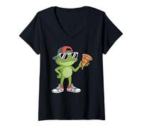 Femme Frogs Amphibian Kids, Eating Pizza Funny Frog T-Shirt avec Col en V