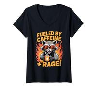 Femme Fueled By Caffeine Rage Feral Raton Laveur Café Meme Drôle T-Shirt avec Col en V