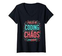 Femme Fueled by Coding and Chaos Developer Humor T-Shirt avec Col en V