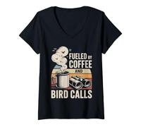 Femme Fueled by Coffee and Bird Calls Observation Oiseaux T-Shirt avec Col en V