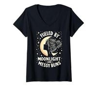 Femme Fueled by Moonlight and Messy Buns Aesthetic T-Shirt avec Col en V